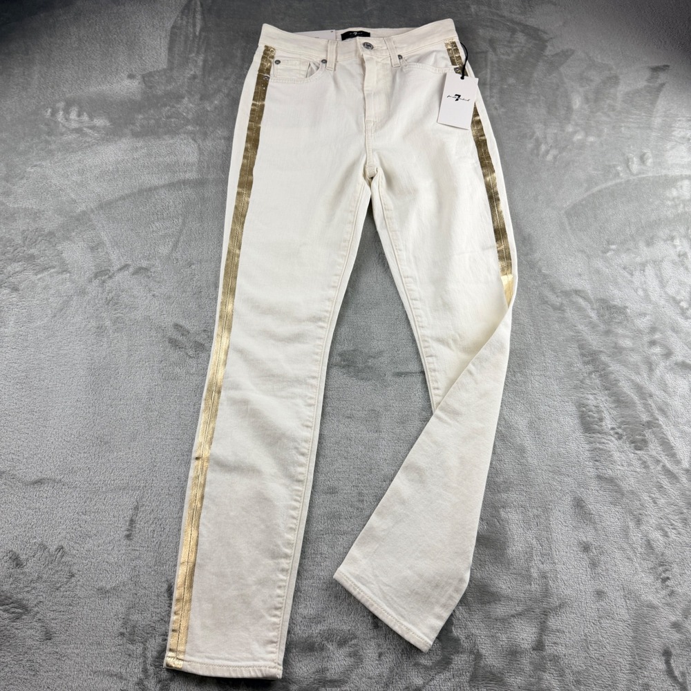 7 For All Mankind Womens 24 High Waist Ankle Skinny Jeans White Gold Side Stripe